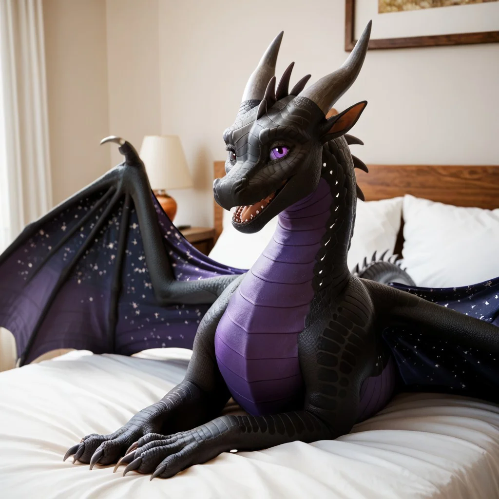 score_9, score_8_up, score_7_up, score_6_up, score_5_up, score_4_up, masterpiece, high quality, realistic, detailed, best quality, white bed, solo, rating_safe, source_furry, bedroom, smiling, open mouth smile, happy, detailed eyes, detailed face, looking at viewer, lying on belly, Nightwing_wof, dragon, black scales, wings, tail, horns, claws, starry wings, 1girl, female, purple eyes, purple underbelly, feral, spread wings
