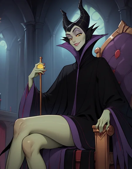 score_9, score_8_up, score_7_up,
1girl, solo,
maleficentdg,
colored skin, yellow sclera,
horned headwear, wide sleeves, high collar, black cape,
half-closed eyes,
castle interior, night,
sitting, throne, from below, light smile, legs,
<lora:Maleficent DG PXL v02-000003:0.90>