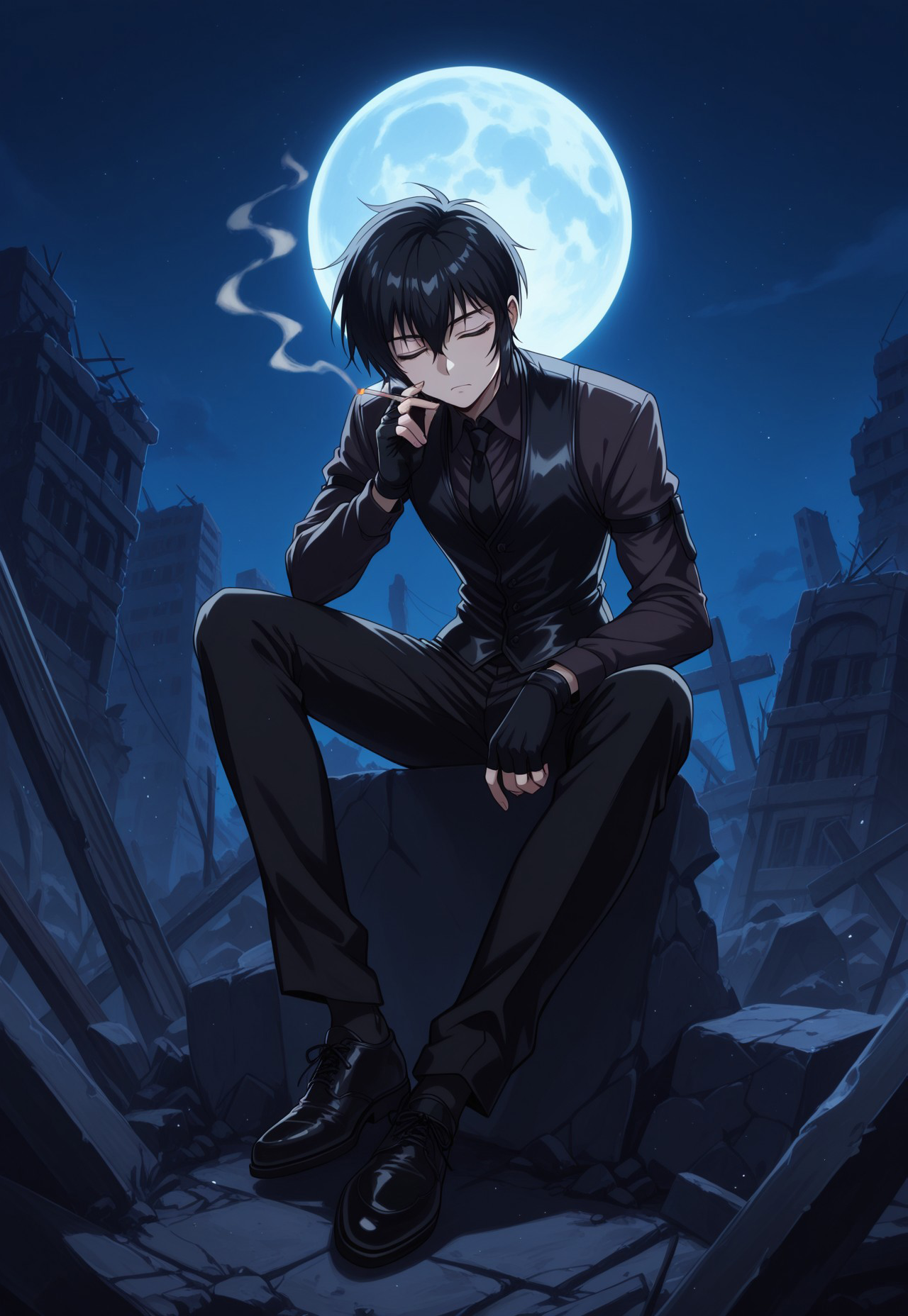 safe_pos, score_9, score_8_up, score_7_up, masterpiece, best quality, YoungWalter, solo, 1boy, male focus, black hair, short hair, blue eyes, black shirt, black necktie, black vest, black gloves, fingerless gloves, black pants, black shoes, sitting, night, full moon, closed eyes, annoyed, ruins, holding cigarette, smoke, perspective