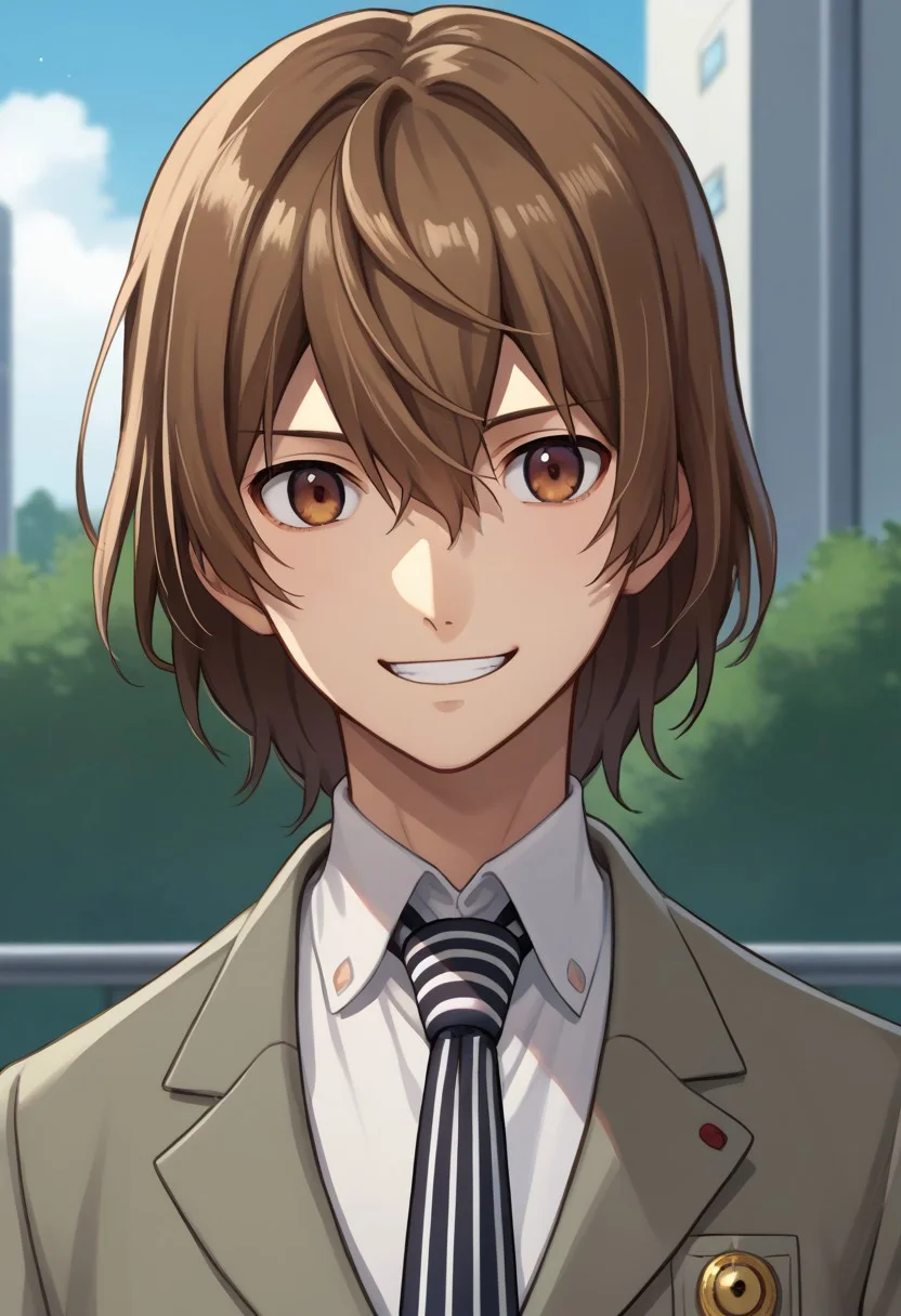 score_9, score_7_up, source_anime
goro, 1boy, male focus, solo, brown eyes, brown hair, hair between eyes, school uniform, shirt, white shirt, collared shirt, necktie, striped, striped necktie, jacket, grey jacket, buttons, long sleeves, smile, teeth,
outdoor,
