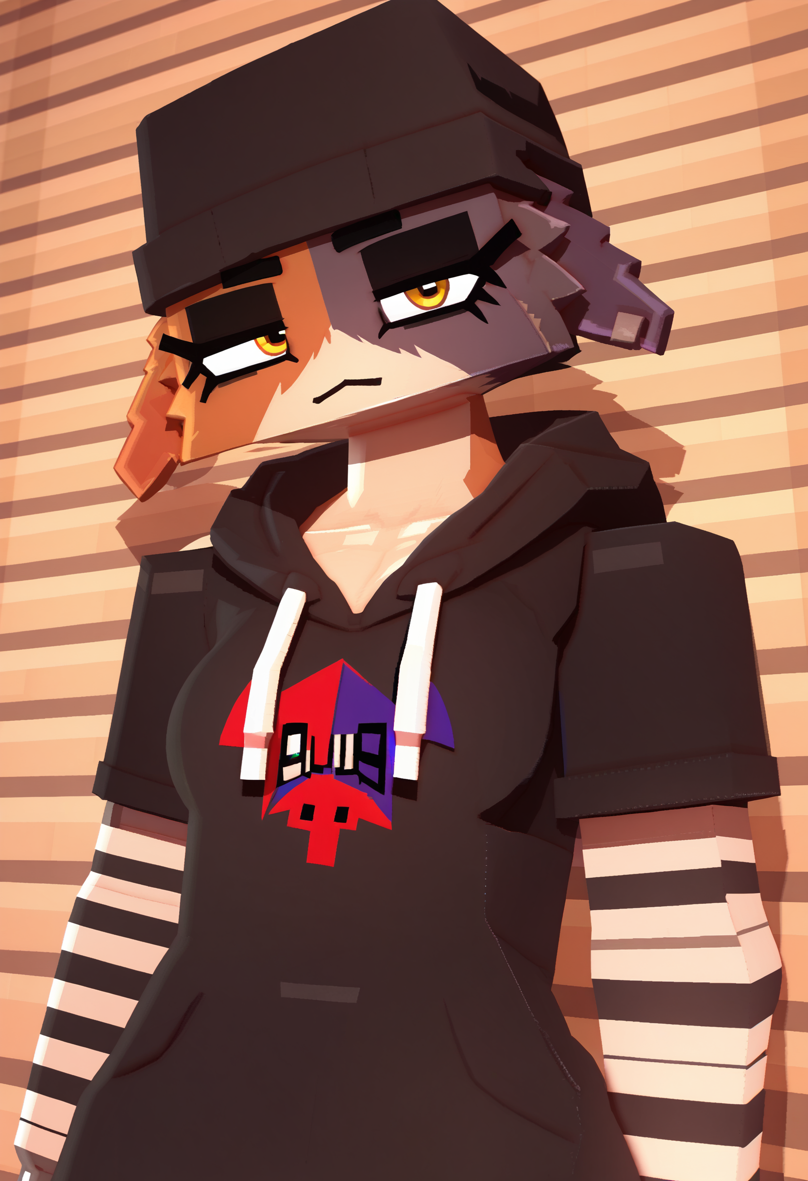 <lora:coresvoid-guy-PONY-DORAv1:1>, 3d, score_9, score_7_up, 1girl, solo, hoodie, portrait, looking at viewer, head tilt, furry, meow skulls \(fortnite\), upper body