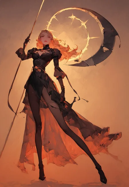 score_9, score_8_up, score_7_up, A vivid oil painting, a beautiful lady in death costume, holding a scythe, long legs, orange gradient background, ray tracing,