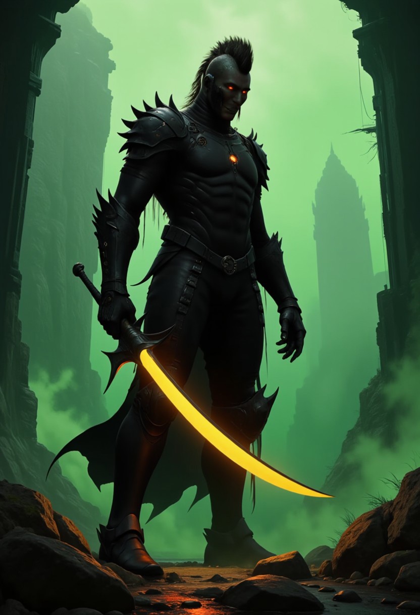 civitametapunk, hyper realistic and highly detailed, highly dynamic cinematic medium dutch shot view, an atmospheric and powerful dark fantasy, natural organic and impressionist classical-style painting of a horrifying towering chaos knight all dressed in black,he has a spiky desing or mohawk on the top of his head and the sides of his haistyle is short and neat, obsidian black armor, glowing red eyes, holding a glowing ghostly scythe, from below angle, menacing, atmospheric haze, motion blur, depth of field, cinematic, panoramic action movie full shot, panoramic full shot, Leather Brown hue and vibrant Midnight Green tint , cyberpunk, anime