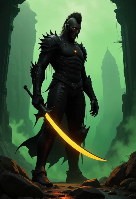 civitametapunk, hyper realistic and highly detailed, highly dynamic cinematic medium dutch shot view, an atmospheric and powerful dark fantasy, natural organic and impressionist classical-style painting of a horrifying towering chaos knight all dressed in black,he has a spiky desing or mohawk on the top of his head and the sides of his haistyle is short and neat, obsidian black armor, glowing red eyes, holding a glowing ghostly scythe, from below angle, menacing, atmospheric haze, motion blur, depth of field, cinematic, panoramic action movie full shot, panoramic full shot, Leather Brown hue and vibrant Midnight Green tint , cyberpunk, anime