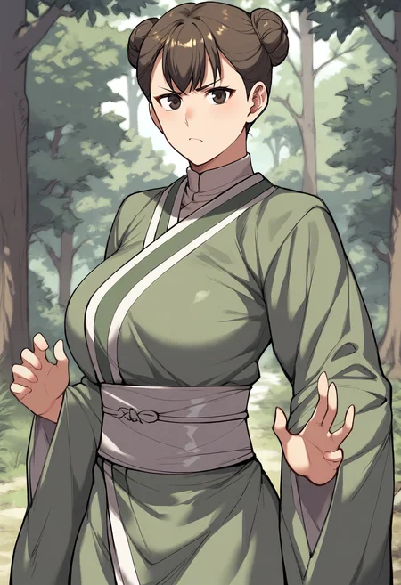 score_9, score_8_up, score_7_up, score_6_up, source_anime, rating_explicit, 1girl, (solo:1.1), huge breasts, <lora:Hang-a prefectPonyxl:0.85> double bun, brown hair, black eyes, brown eyes, short hair, green kimono, turtleneck shirt, japanese clothes, sash, long sleeves, wide sleeves, serious, forest, outdoors, looking at viewer, (fighting stance:1.1)
