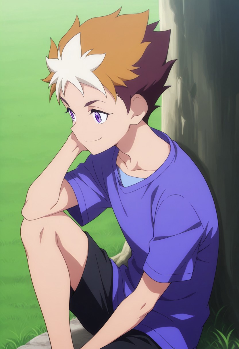 masterpiece,best quality,amazing quality, source_anime,
SubaruMakabe, 1boy, male focus, solo, purple eyes, multicolored hair, brown hair, white hair, collarbone, shirt, purple shirt, short sleeves, black shorts, smile, outdoor, sitting, grass, knee up,