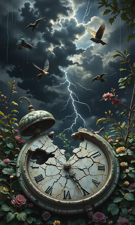 artwork featuring a broken, antique clock face set against a dark, stormy sky. The clock, which appears to be made of white, cracked porcelain, is centrally positioned at the bottom of the image. The clock hands are broken off, with the hour hand pointing to approximately 11:30 and the minute hand pointing to 10. The clock face is cracked and weathered, with remnants of green and purple hues suggesting age and decay.
Above the clock, several birds are flying in a scattered formation, adding a sense of movement and depth to the scene. The background is a dark, stormy sky, with streaks of rain and thunderbolts creating a dramatic effect. The sky is predominantly black, with splashes of white and gray, giving it a turbulent and ominous feel.
The overall color palette is dominated by shades of black, white, and gray, with subtle hints of green and purple. The textures are rough and uneven, enhancing the sense of age and weathering on the clock face and the stormy sky. The composition is dynamic, with the clock face and birds creating a focal point against the chaotic background. The style is reminiscent of digital art with a touch of realism, blending elements of both traditional and modern art forms., <lora:diffusion_pytorch_model:1>, <lora:merged_lora:1>, <lora:aidmaMJ6.1_v0.5_3:0.7>, aidmaMJ6.1, <lora:best_of_flux_v30_rank64_bf16:0.8>, best_of, ultra quality, ultra detailed, intricate details