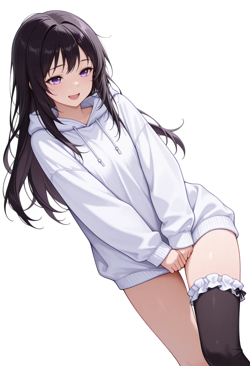 Smooth Quality,masterpiece,very intricate, high quality details, ultra realistic, high detailed skin,detailed enviorement,absurdres,
hand on own crotch,:d,
<lora:Yozora_Mikazuki_CNR:0.8> yozora_cnr, 1girl, black hair, long hair, purple eyes,, simple background, white background, dynamic angle,solo,, exhausted,despair,, oversized shirt,parka ,asymmetrical stockings, ,frilled legwear socks,