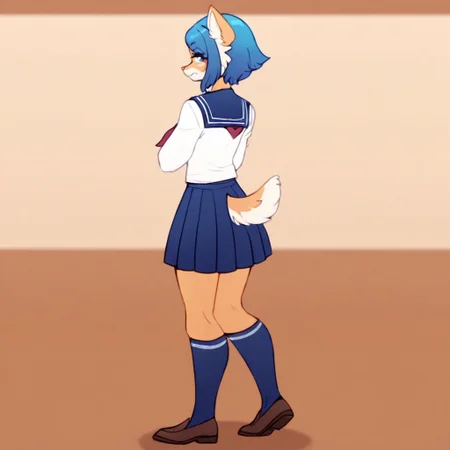 M1tz1,1girl,solo,furry,furry female,animal ears,short hair,blue hair,blue eyes,snout,animal nose,body fur,two-tone fur,brown fur,white fur,tail, , long sleeves, serafuku, white shirt, blue sailor collar, red neckerchief, blue skirt, pleated skirt, blue socks, kneehighs, brown footwear, loafers, classroom, sfw