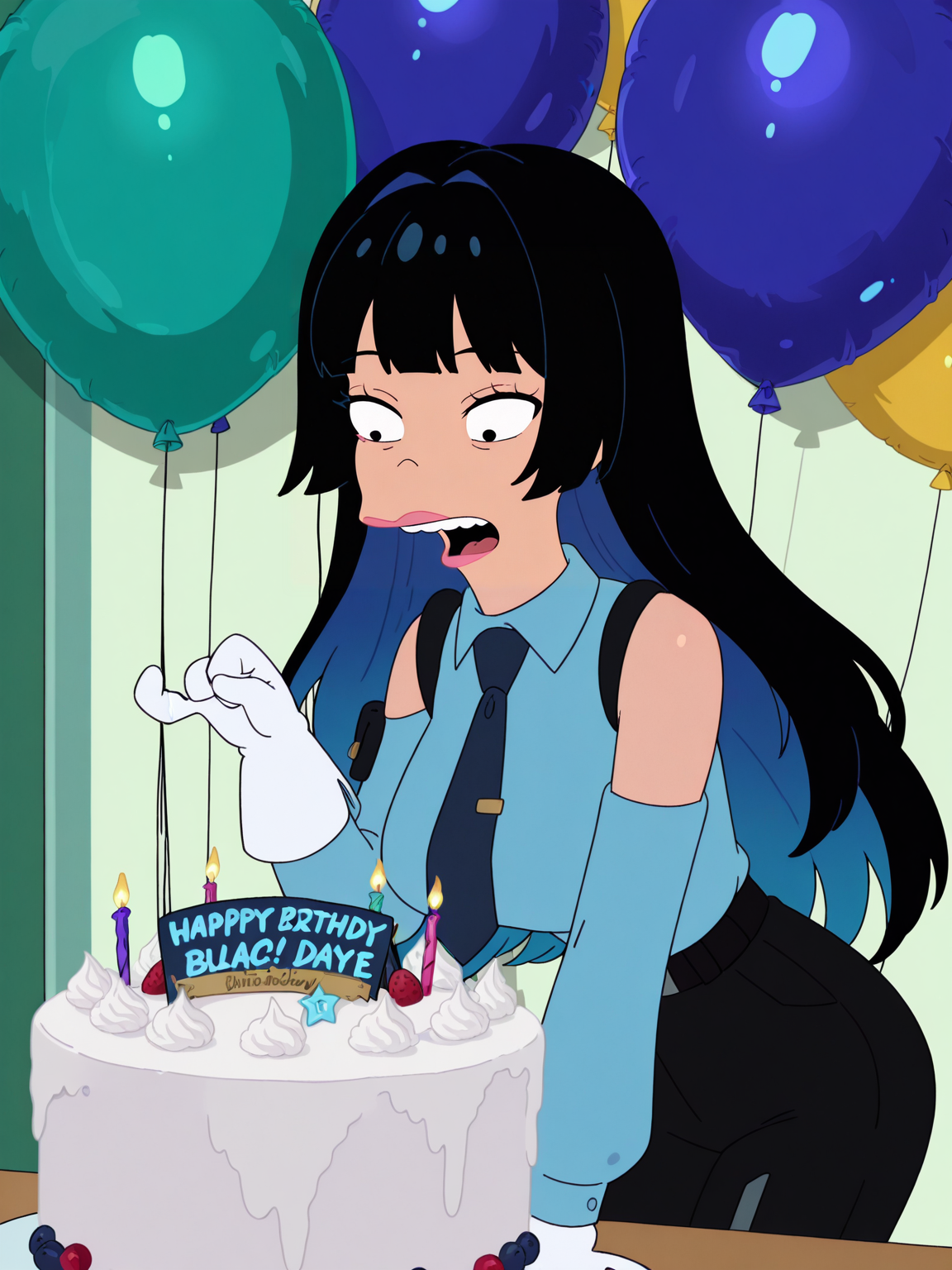 <lora:FuturamaIL2:0.35>, <lora:FuturamaIL:0.25>,
1girl asymmetrical_sleeves balloon birthday_cake black_hair black_pants blue_necktie blue_shirt blue_sleeves breasts cake colored_inner_hair detached_sleeves food gloves hair_intakes large_breasts leaning_forward long_hair mismatched_sleeves multicolored_hair necktie official_alternate_costume open_mouth pants shirt virtual_youtuber white_gloves white_sleeves
,  <lora:FuturamaHRIL:1>, best quality, absurdres