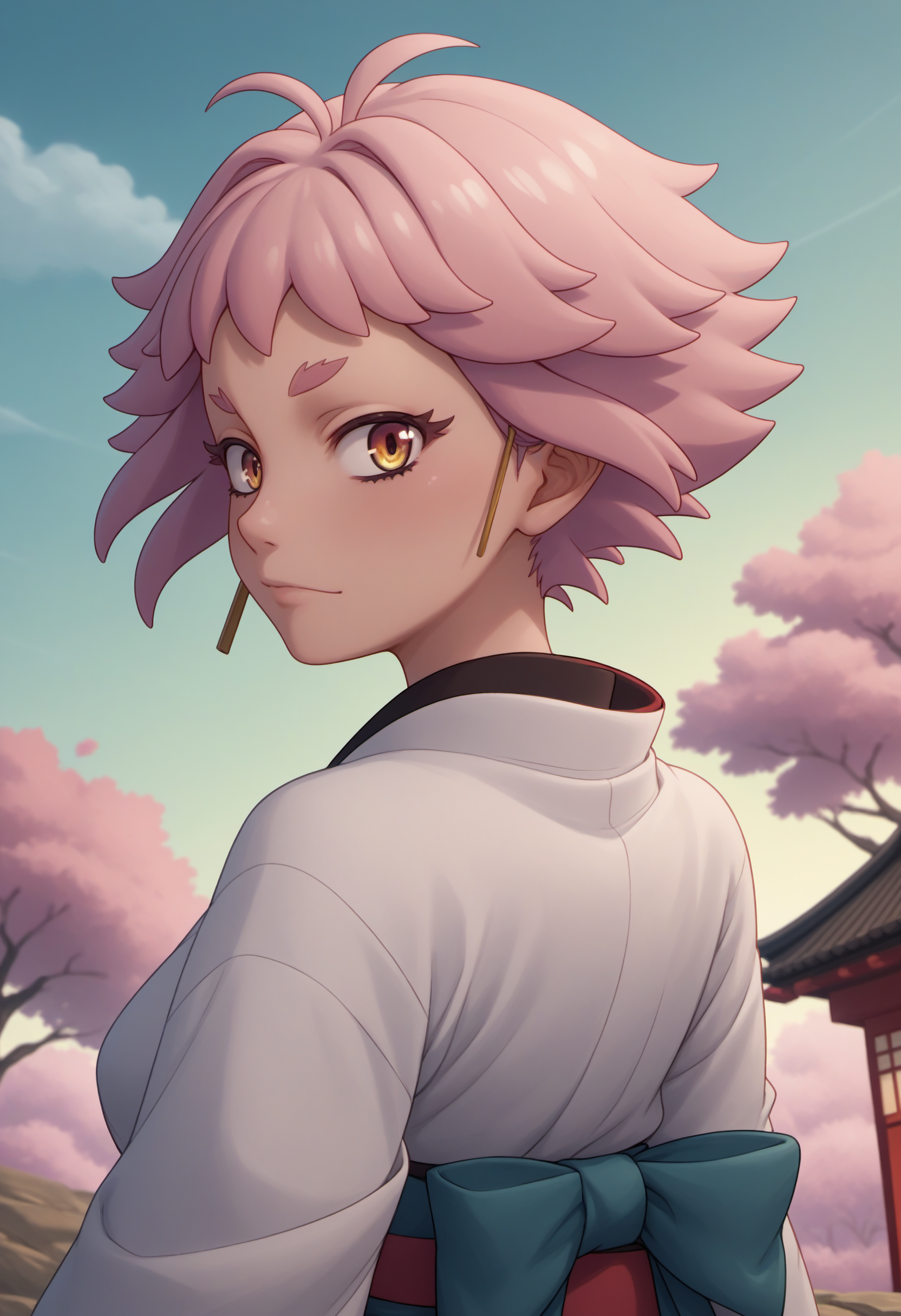 score_9,score_8_up,score_7_up,source_anime BREAK 1girl,solo,MakaLiv, pink hair, short hair,waring kimono, from behind,upper body,looking at viewer, firework background <lora:MayonakaPunch_live_ponyXL:1>