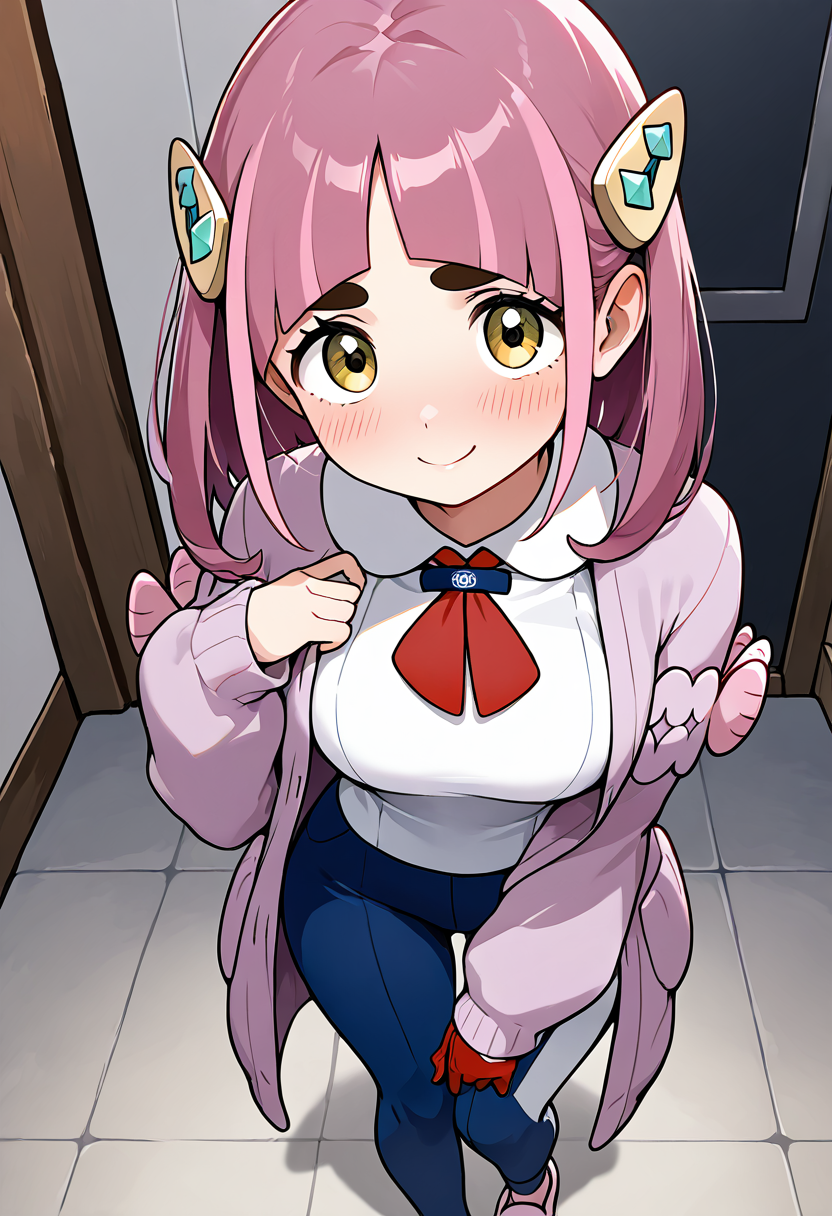 masterpiece, best quality, solo, curvy, beautiful eyes, narrow waist, wide hips, 1girl, solo, smile, looking at viewer, dynamic angle, foreshortening, close up,    zzLacey, lacey (pokemon), yellow eyes, pink hair, medium hair, hair ornament, thick eyebrows, arched bangs, hairclip, white shirt, collared shirt, red gloves, long sleeves, open cardigan, red neckerchief, single glove, blue pants,    ,<lora:LaceyPokemonIXL:1.0>, seated on floor, legs to side, shy smile,  looking at viewer,