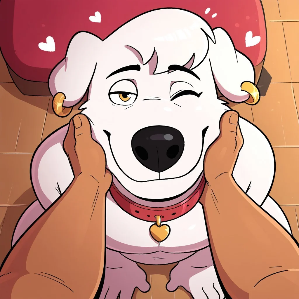 Score_8_up, 1boy, solo, furry male, Cousin Jasper, Bangs, Earrings, Dog, White fur, looking at viewer, happy, snout, eyelashes, floppy dog ears, yellow eyes, black nose, furry, dog boy, yaoi, human male, pov, human, petting, from above, larger human, hearts, romantic, smile, closed mouth, winking, collar, sitting,