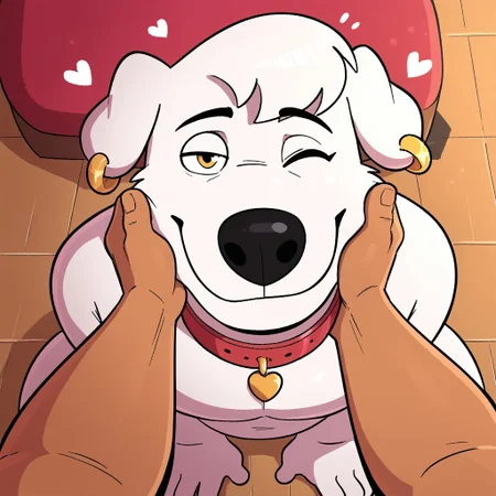 Score_8_up, 1boy, solo, furry male, Cousin Jasper, Bangs, Earrings, Dog, White fur, looking at viewer, happy, snout, eyelashes, floppy dog ears, yellow eyes, black nose, furry, dog boy, yaoi, human male, pov, human, petting, from above, larger human, hearts, romantic, smile, closed mouth, winking, collar, sitting,