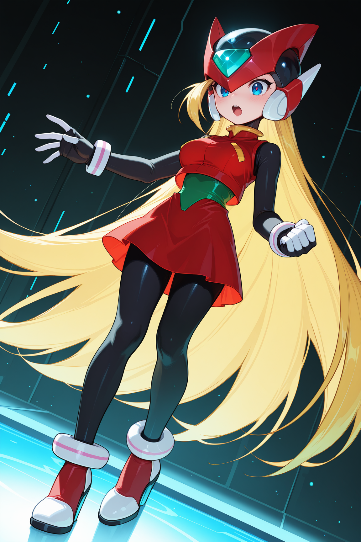 (high quality:1.1), detailed face, bliss_zero, 1girl, solo, long hair, open mouth, blue eyes, skirt, blonde hair, gloves, very long hair, full body, dutch angle, pantyhose, helmet, genderswap, genderswap \(mtf\), hair over one eye, android, two-tone high heels, green forehead jewel, red vest, red headgear, red skirt, green corset, black bodysuit, two-tone wristband <lora:megaman_zero_final-14:1>