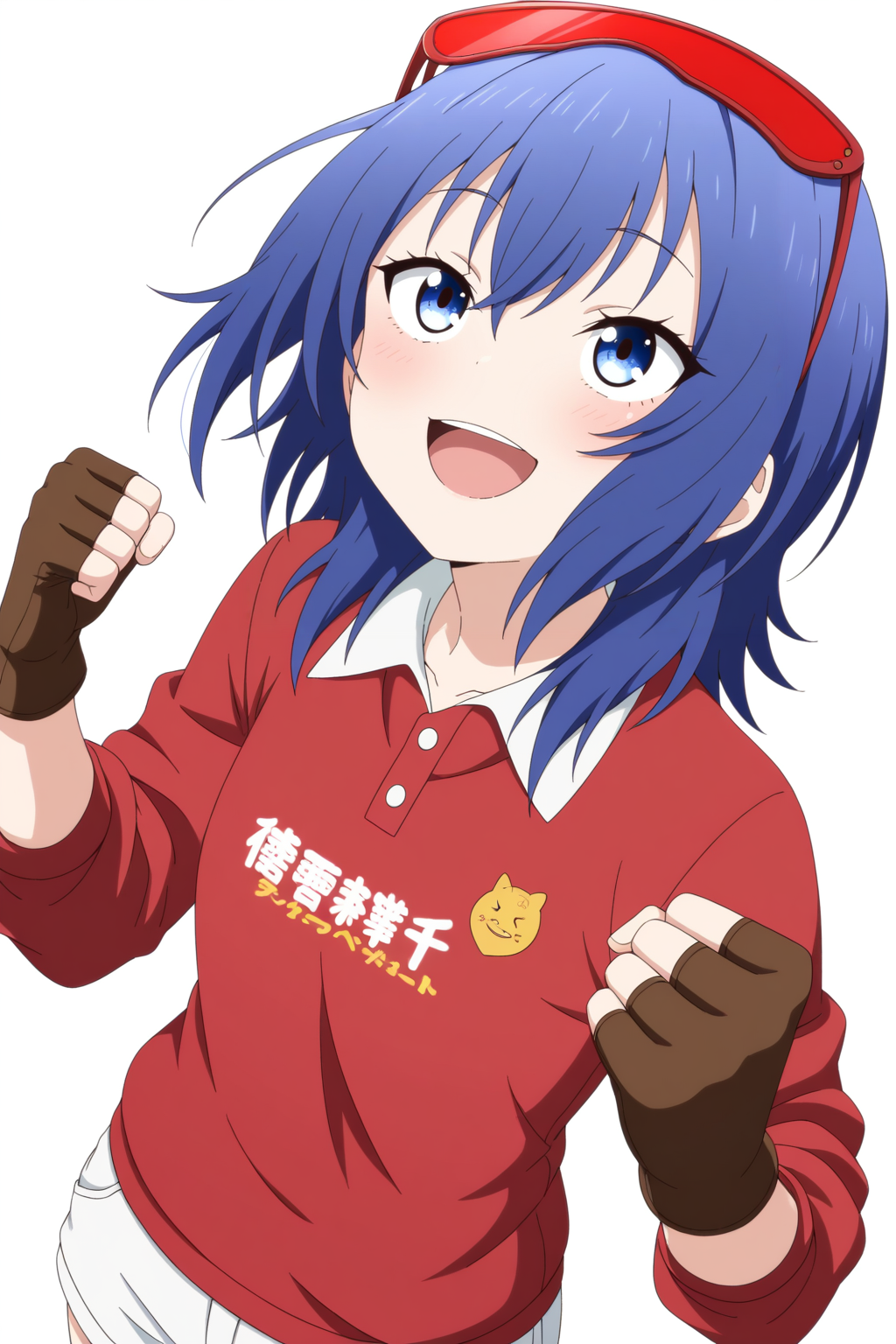 <lora:il_contrast_slider_d1 (Ð¦ÐÐÐ¢ ÐÐÐ Ð¢ÐÐÐÐ):-0.8>
 <lora:Chika Suzugamori:0.8> chika_suzugamori, 1girl, 
solo, 1girl, short bob, air intake, young girl, white background, upper body, Red sunvisor, white shorts, Plain red polo shirt, white collar, Black fingerless gloves, Looking up, smiling, clenching fists with both hands, angles from above, angles from an angle, masterpiece, best quality, super detail, perfect anatomy, very aesthetic, amazing quality, high resolution, ultra-detailed, absurdres,