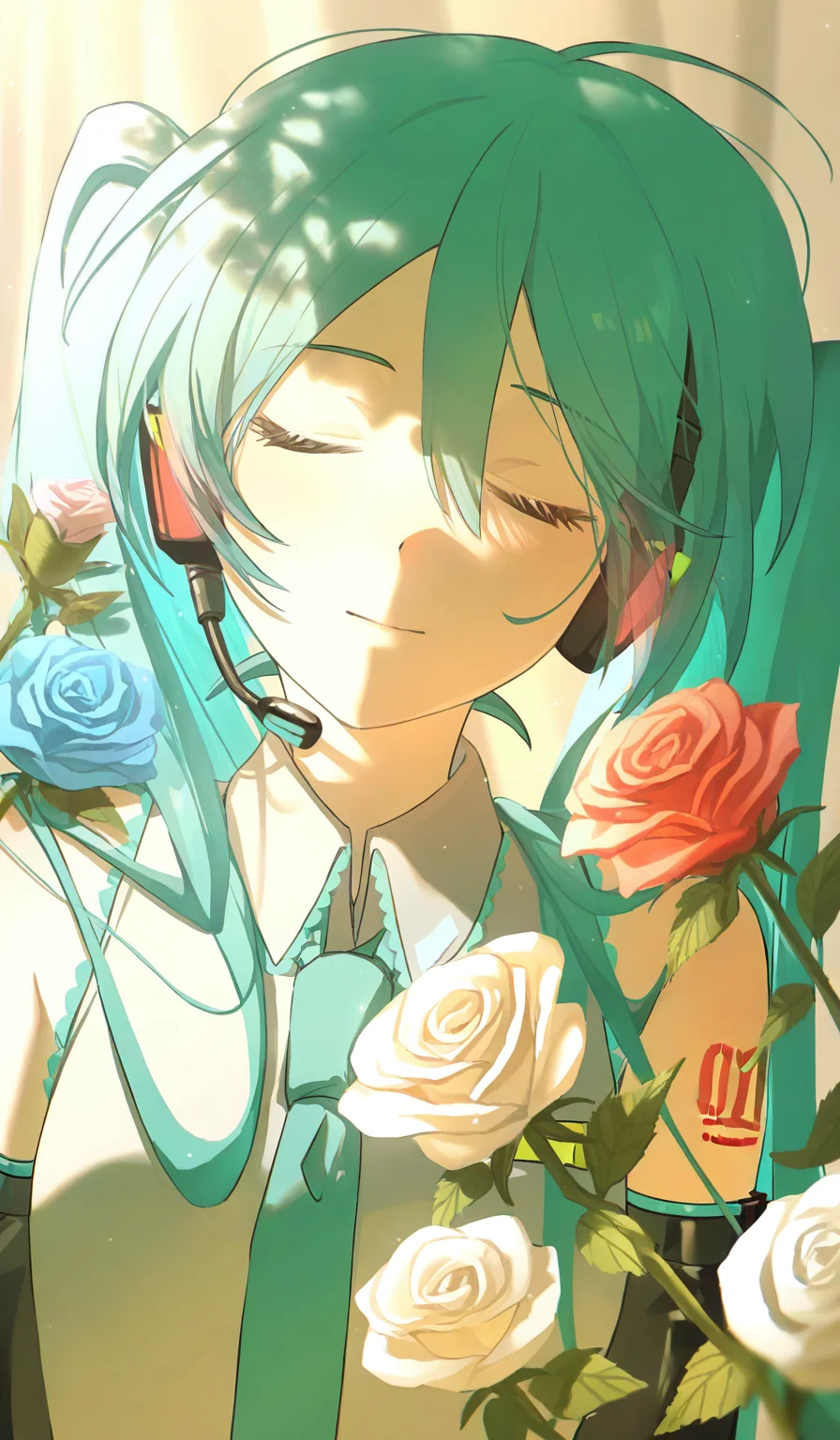 <lora:konya666 (5):1>,highres,absurdres,newest,very awa,masterpiece,best quality,year 2024,
\,
SenSen,1girl,solo,hatsune miku,flower,rose,long hair,twintails,closed eyes,white flower,shirt,headset,blue flower,pink flower,pink rose,red flower,aqua hair,collared shirt,hair between eyes,upper body,necktie,blue rose,facing viewer,light particles,headphones,sleeveless,white rose,sleeveless shirt,red rose,sunlight,curtains,grey shirt,detached sleeves,sidelighting,blurry,leaf,white shirt,dutch angle,