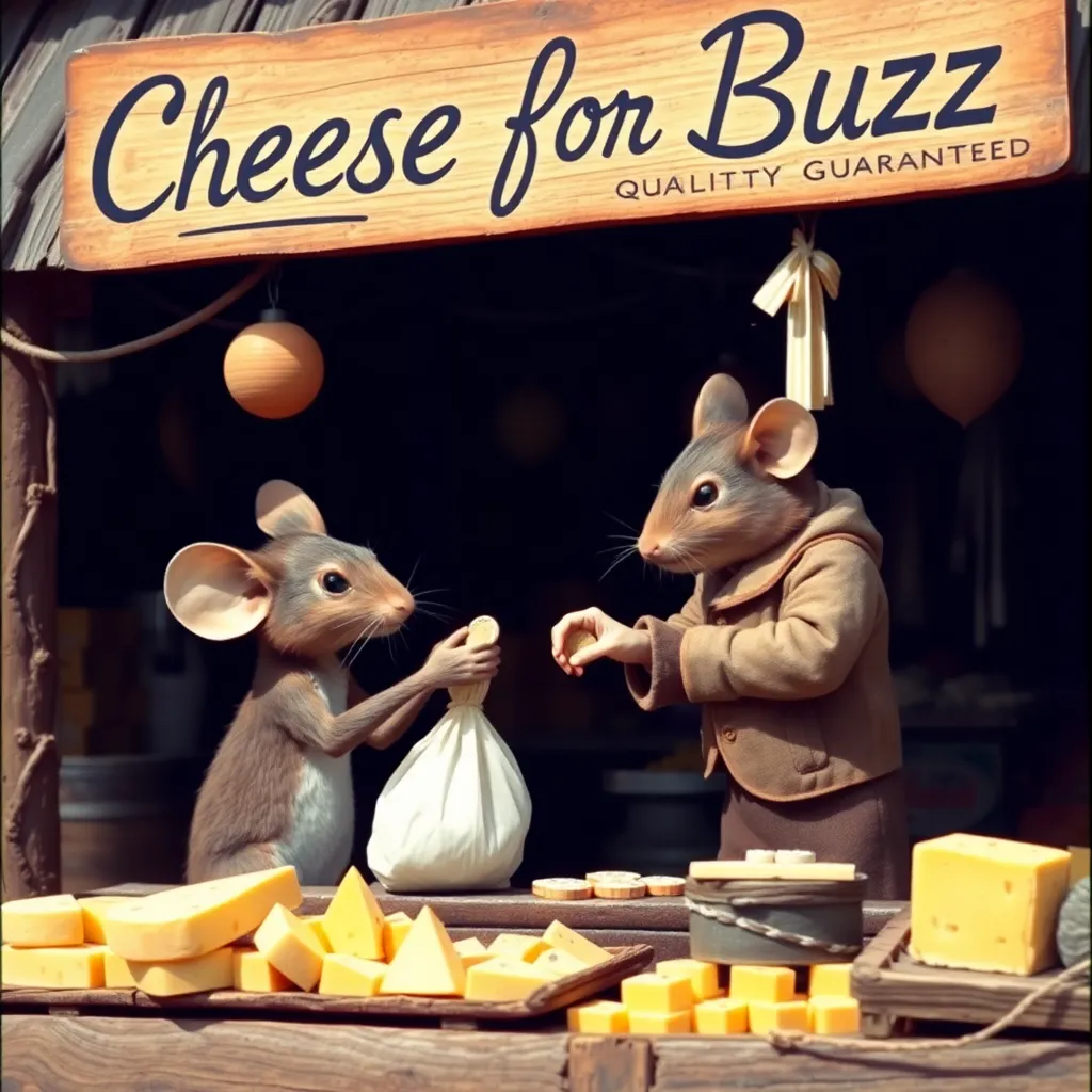 A Mouse selling Cheese at a rural market in 1950s, technicolor, photograph, realistic, mouse sitting at a stall and selling cheese, collecting money from customer, receiving coin from customer, handing over a bag filled with cheese to customer, the shop's name is written stylishly on a board - "Cheese for Buzz, Quality Guaranteed", morning, dawn, golden hour