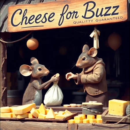 A Mouse selling Cheese at a rural market in 1950s, technicolor, photograph, realistic, mouse sitting at a stall and selling cheese, collecting money from customer, receiving coin from customer, handing over a bag filled with cheese to customer, the shop's name is written stylishly on a board - "Cheese for Buzz, Quality Guaranteed", morning, dawn, golden hour