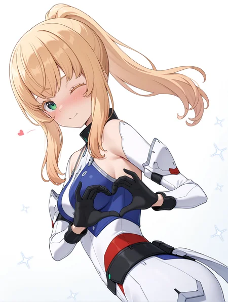 masterpiece,best quality,newest,
1boy,solo,
<lora:Noelle_Francisca_ilxl_v1.0:0.8>,noelle_f,blonde hair,blonde eyelashes,green eyes,ponytail,
medium breasts,grognard,
<lora:Fixhands_anime_bdsqlsz_V1:1>,cinematic_angle,dynamic_angle,white_background,simple_background,face_focus,looking_at_viewer,light_blush,sparkle,portrait,one eye closed,heart hands,cowboy_shot,from_side,arched_back,embarrass,