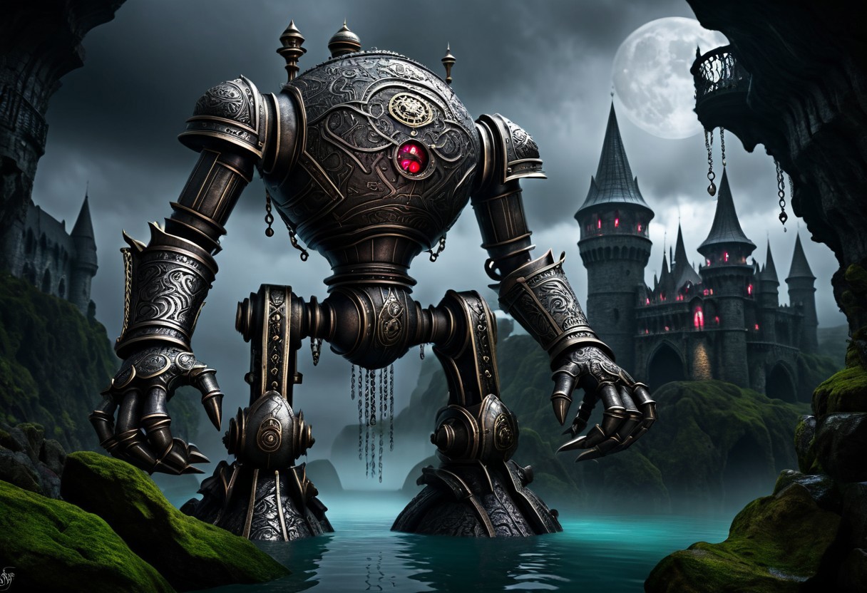 giant bipedal robot pewter silver and dark red stripes and bronze silver paisley robot. lacy robot submarine head. outside of a steampunk keep. large detailed torso. dark image. one forty foot tall ancient robot with great arms and two heavy spring legs. dark foggy night background. $dark foggy night image only. dark photo realistic image. steampunk details. cogs, chains and pipes incorporated in the fantasy buildings. magic wizards tower in background. Dark swamp, moss, castle ruins, wizards tower. stormy dark night. small floating machines