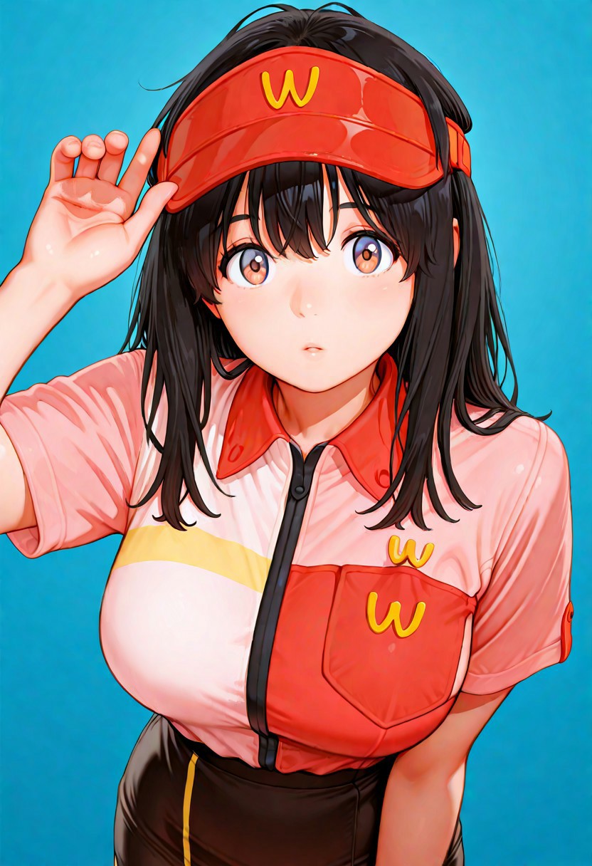 masterpiece, best quality, amazing quality, miyam0to_mad0ka, black hair, 1girl, solo, employee uniform, pink and red shirt, black pencil skirt with yellow stripes, red visor cap with "W" logo,  [[socks with the "w" logo]], [[[loafers]]], collared shirt, [[brown socks]] , red hat, visor cap, short sleeves , looking at viewer, [[face focus]], breasts focus, upperbody,  inouekiyoshirou, [shortstack]