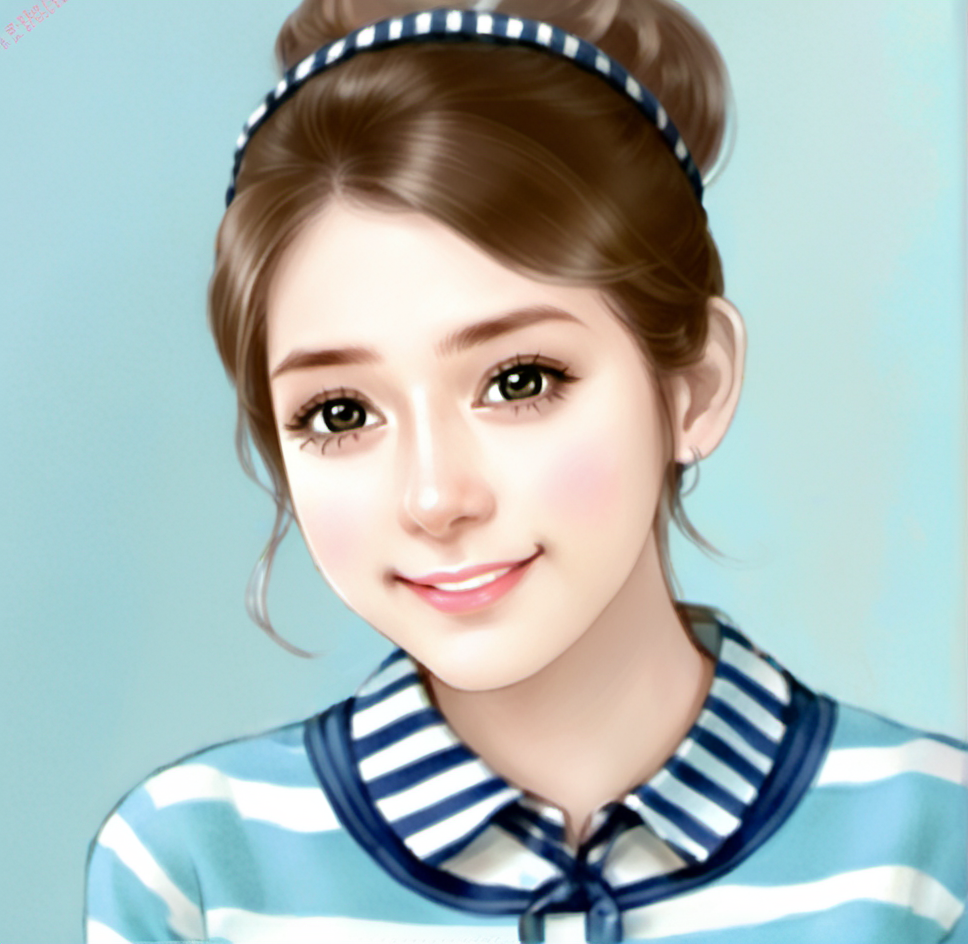 The image shows a painting of a woman wearing a blue sweater and a striped shirt, with a watermark on the right side. She has a cheerful expression on her face, and her hair is tied up in a neat bun. Her eyes are bright and her lips are slightly parted, giving her a warm and inviting look. She is surrounded by a light blue background, and the painting has a soft, dreamy quality to it. <lora:å°è¯´ç«ç»-000009:0.8>,