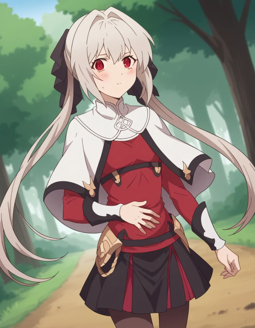 score_9, score_8_up, score_7_up, source_anime, <lora:lynneburg-clays-s1-ponyxl-lora-nochekaiser:1>, lynneburg clays, long hair, red eyes, twintails, grey hair, hair intakes, hair ribbon,, pantyhose, capelet, white capelet, dress, red dress, long sleeves, skirt, black skirt, pleated skirt,, bike ride, countryside, dirt road, trees, afternoon sun, peaceful, alone, , looking at viewer, hand on stomach, blush,, solo,, cowboy shot, dutch angle