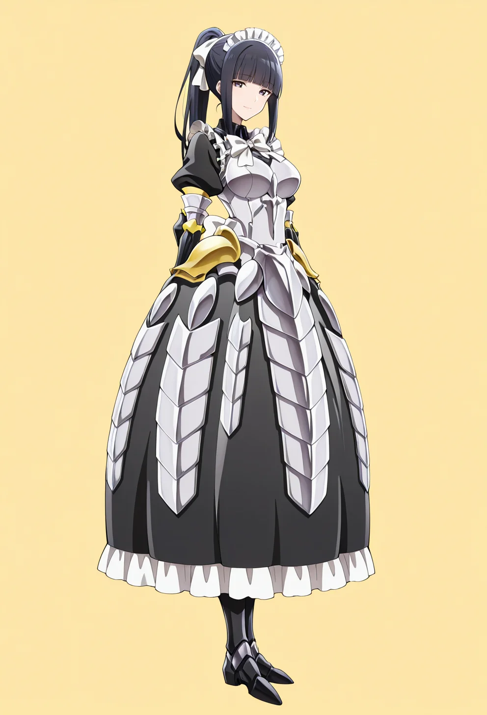 masterpiece, best quality,
1girl, solo, full body,
standing,
looking at viewer, light smile,
simple background, yellow background,
<lora:Narberal_Gamma:1> N4rb3r4lG4mm4, black hair, ponytail, long hair, blunt bangs,
maid, maid headdress, armor, dress, armored dress, maid apron, elbow gloves,