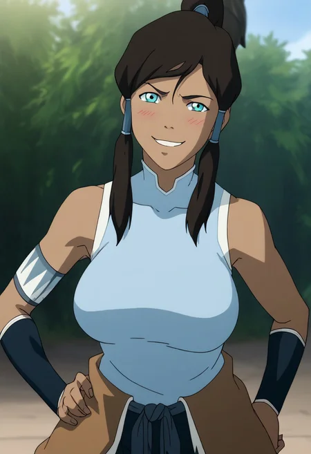 16k, masterpiece, absurdes, highly detailed, highres, high quality, best quality, score_9, score_8_up, score_7_up, score_6_up, score_5_up, score_4_up, source_anime, anime screencap, masterpiece, perfect face, naughty smile, looking at viewer, sunny day, blue sky, sexy girl, 1girl, (solo), mature female, <lora:modern_anime_screencap_v1_0:0.45> anime screencap, (highres, best quality), zPDXL, <lora:Pony_DetailV2.0:0.5> <lora:t10m1n-000031:1>, t10m1n, dark-skinned female, aqua eyes, sidelocks, hair tubes, high ponytail, notched_collar, female focus, looking at viewer, parted lips, smirk, standing, hand on hip, curvy, breasts, classic_attire, sleeveless, armlet, bracers, brown waist_pelt, shiny, shiny skin, shiny hair, volumetric lighting, UHD, (thick breasts, medium breasts), skin texture, skin detail, high quality skin, highly detailed face, dainty face,(large breasts:1.5), (happy smile expression) (smug expression) wide hips, blush, standing, standing straight, one hand on hip, day, in a fantasy forest near a lake, sexy pose, dynamic pose, outdoors, mountain,