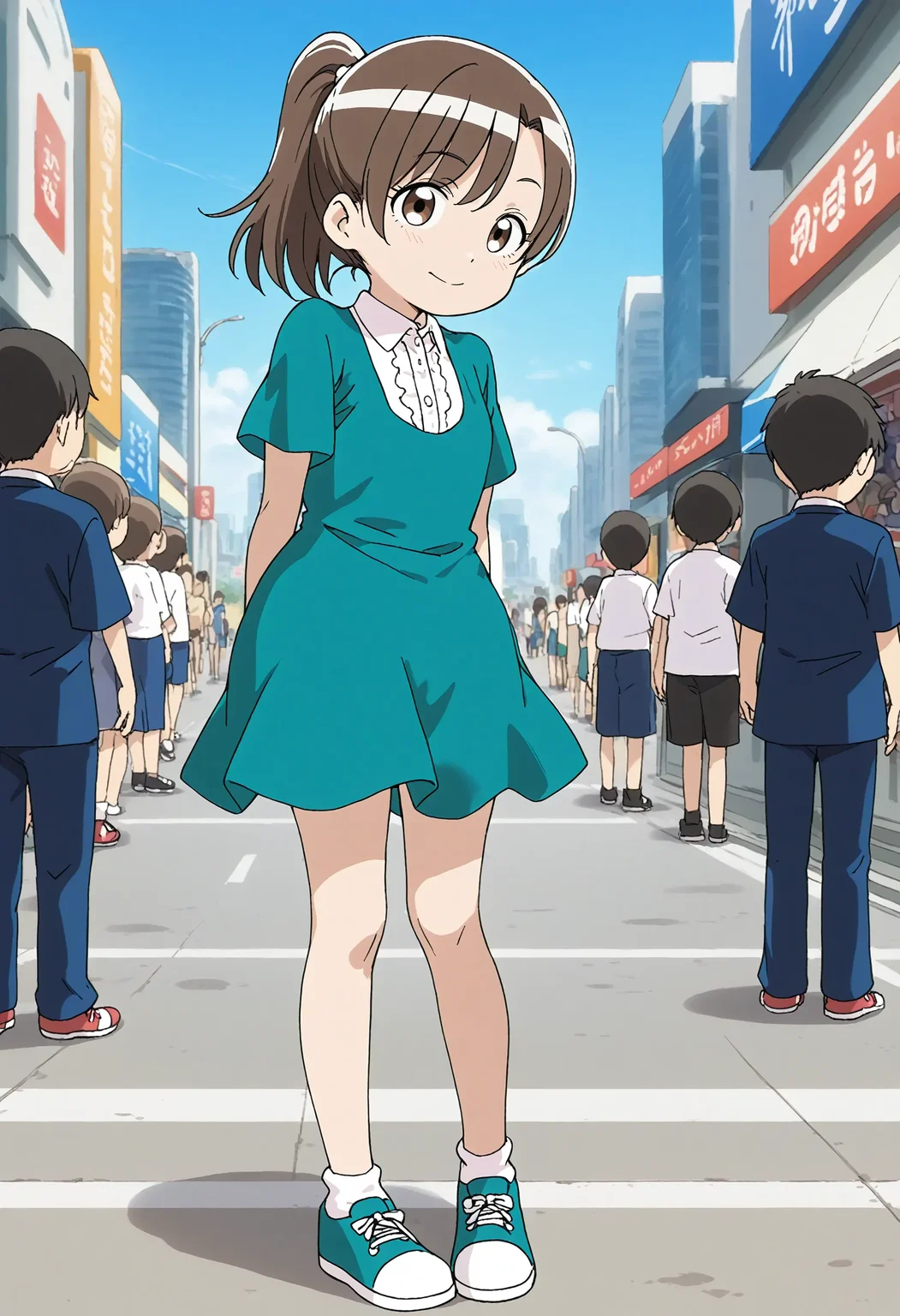 <lora:Hyper-SDXL-8steps-lora:1> <lora:Fixhands_anime_bdsqlsz_V1:1> zPDXL2, score_9, score_8_up, score_7_up, source_anime, intricate details, perfect anatomy BREAK
outdoors, city, tokyo, japan, audience, crowd, standing, arched back, arms behind back, looking at viewer, form side, head tilt, Seductive, A sultry gaze, a slightly parted lips, and a hint of a smile., 1girl, solo, solo focus,
<lora:MAR-minatomo_madoka_XL(pony)v10:1> MAR-madoka, brown hair, ponytail, brown eyes, MAR-madoka outfit, green dress, white socks, green shoes,