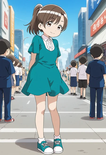 <lora:Hyper-SDXL-8steps-lora:1> <lora:Fixhands_anime_bdsqlsz_V1:1> zPDXL2, score_9, score_8_up, score_7_up, source_anime, intricate details, perfect anatomy BREAK
outdoors, city, tokyo, japan, audience, crowd, standing, arched back, arms behind back, looking at viewer, form side, head tilt, Seductive, A sultry gaze, a slightly parted lips, and a hint of a smile., 1girl, solo, solo focus, 
<lora:MAR-minatomo_madoka_XL(pony)v10:1> MAR-madoka, brown hair, ponytail, brown eyes, MAR-madoka outfit, green dress, white socks, green shoes,
