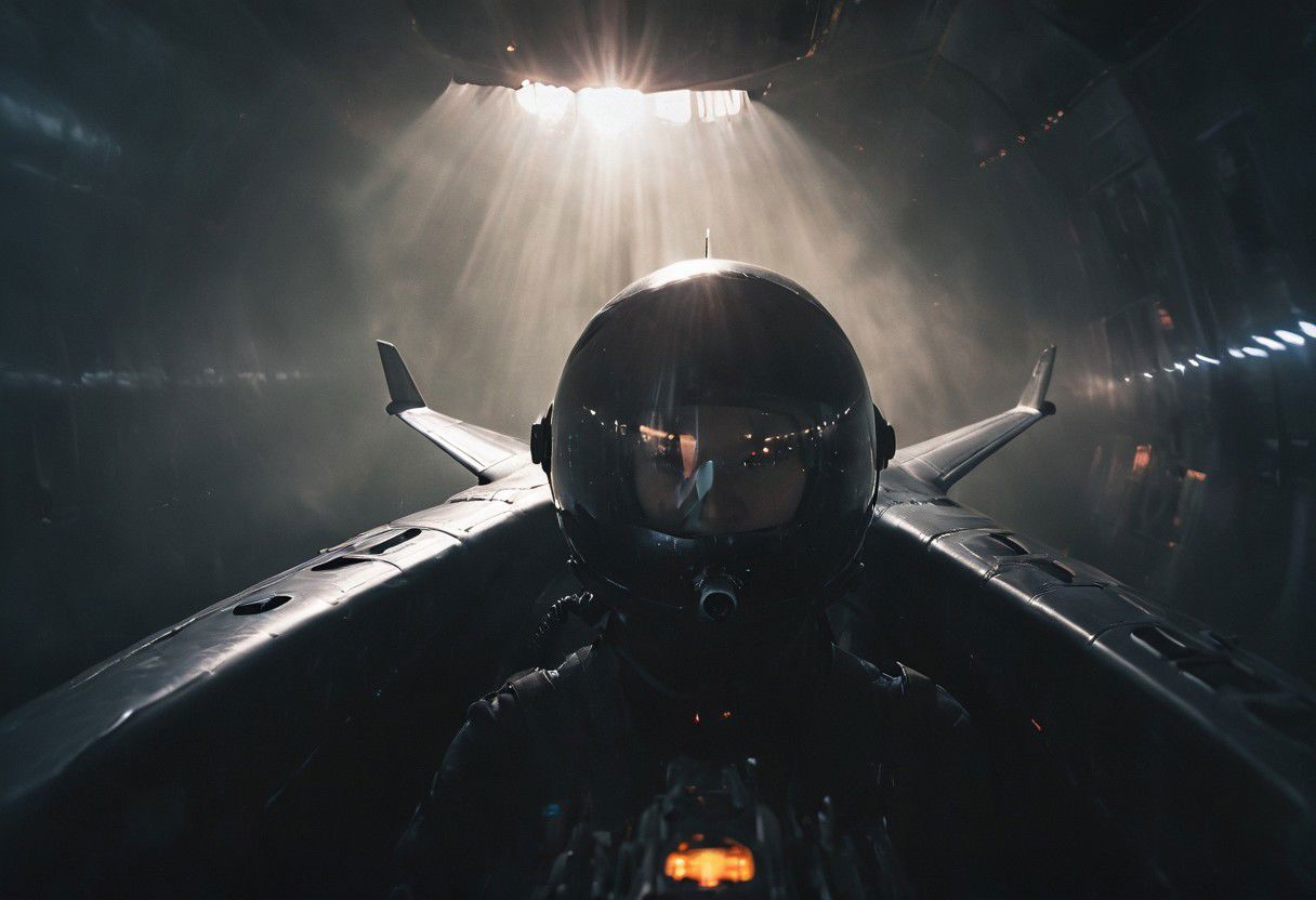 Create a vivid description capturing the essence of a dark close-up photograph inside the cockpit of a sleek, matte-black futuristic jet in flight. Highlight the discernible details: the pilot, confidently and mischievously smiling, with focused eyes locked onto the target. Convey a sense of high-speed motion, surrounded by billowing neon-pastel clouds, encapsulating the exhilarating and dynamic atmosphere within the cutting-edge aircraft.
 very detailed, atmospheric haze, Film grain, cinematic film still, shallow depth of field, highly detailed, high budget, cinemascope, moody, epic, OverallDetail, gorgeous, 2000s vintage RAW photo, photorealistic, candid camera, color graded cinematic, eye catchlights, atmospheric lighting, skin pores, imperfections, natural, shallow dof
