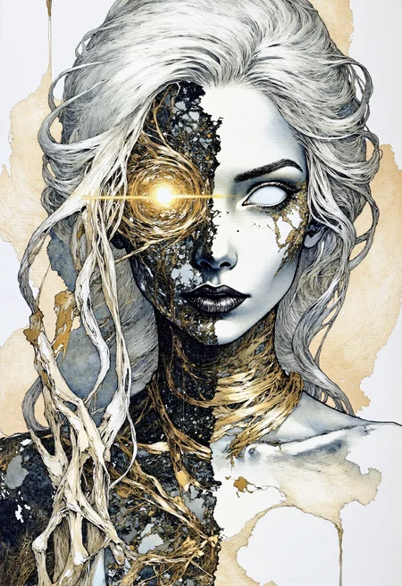 fg, A portrait of Hel, the ruler of Helheim. Her marvelous wild mane covers part of her beautiful face and bare chest. Both eyeballs are completely blank and featureless, devoid of pupils and irises, and extend across the entire eye region, blending seamlessly into the surrounding facial area, while the eyes remain fully open. The face is divided into two halves. The left side shows signs of decay and decomposition, with lifeless dark-coal skin, hard bones are visible under the torn skin, shreds of golden ash detached from her skin. Her left eyeball is completely golden. The right half of the face is of unearthly beauty, with immaculate, flawless white skin. Her right eyeball is completely snow-white. The transition between the two halves of the face is fluid and unobtrusive, symbolizing the brief moment between life and death. The picture showcases a surreal and abstract style, created using pencil and ink, characterized by a monochromatic scheme with predominant shades of black, white, and gray, which has been digitally enhanced.