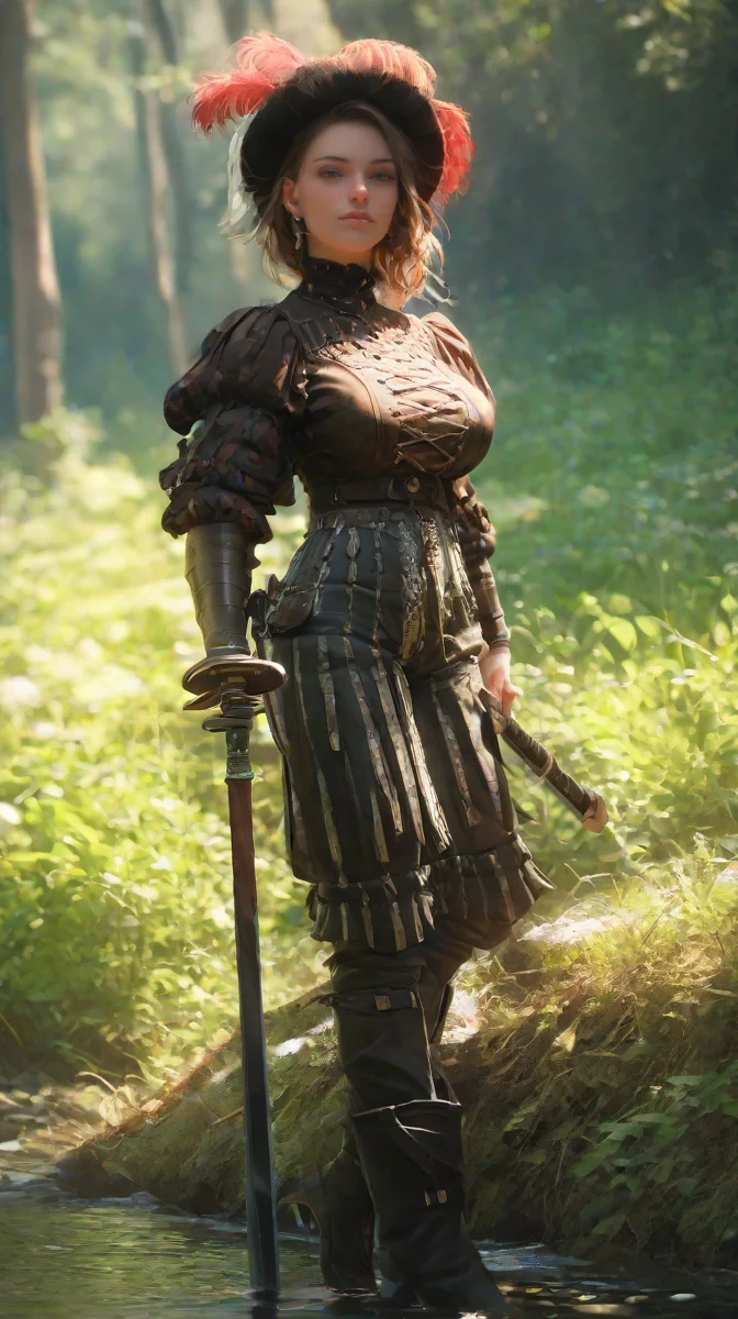 score_9, score_8_up, score_7_up, score_6_up, realistic, 1girl,, slender, slim waist, huge breasts, (round ass:0.4), perfect face, dynamic angle, motley, pants, boots, hat, jewelry, plume, weapon, sword, cuirass, greaves, l4ndskn3cht, outdoors, deep arroyo <lora:landsknecht-PNY-000009:1.0>
<lora:Dramatic Lighting Slider:1>