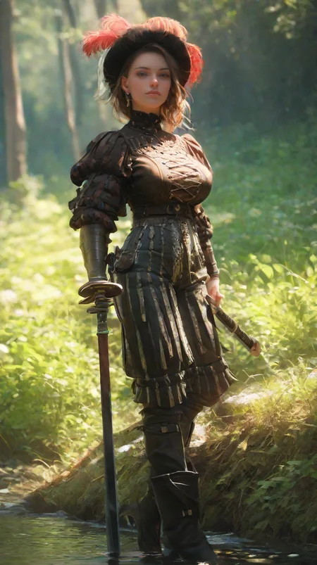 score_9, score_8_up, score_7_up, score_6_up, realistic, 1girl,, slender, slim waist, huge breasts, (round ass:0.4), perfect face, dynamic angle, motley, pants, boots, hat, jewelry, plume, weapon, sword, cuirass, greaves,  l4ndskn3cht,  outdoors, deep arroyo <lora:landsknecht-PNY-000009:1.0>
 <lora:Dramatic Lighting Slider:1>