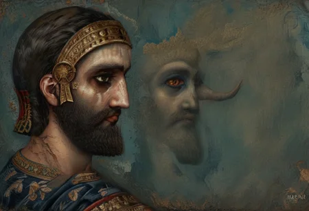In his mind, reverential fear of Marduk, king of the gods, came to an end. 
He did yet more evil to his city every day; … his [people…], he brought ruin on them all by a yoke without relief. 
Enlil-of-the-gods became extremely angry at their complaints, and […] their territory. 
The gods who lived within them left their shrines, angry that he had made them enter into Babylon (Shuanna). 
Ex[alted Marduk, Enlil-of-the-Go]ds, relented. 
style of Qajar art, FastNegativeV2, green eyes, blue eyes, brown eyes, perfecteyes