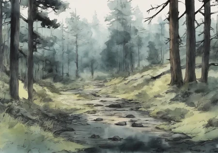 *Channel_42*
*The background for a new anime horror sci-fi visual novel*
*Watercolor* *Charcoal* *Stencil* *1920s* *Colorized*
*Woods* *Trail* *clearing* *lake*
*Evening* *Spring* *Clear*