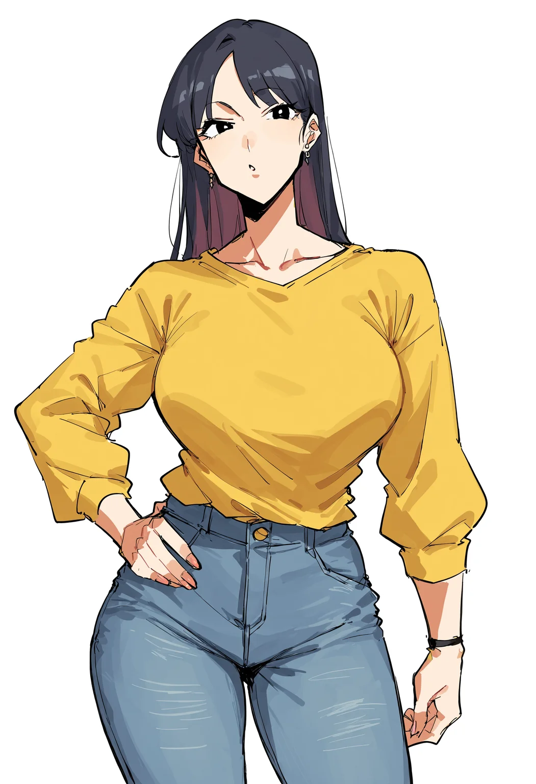 score_9, score_8_up, score_7_up, score_6_up, score_5_up, score_4_up, BREAK source_anime, rating_safe, white background, 1girl, solo, large breasts, black eyes, hand on hip, yellow shirt, cowboy shot, jeans, sketch, <lora:leebo-PD-v1:1>