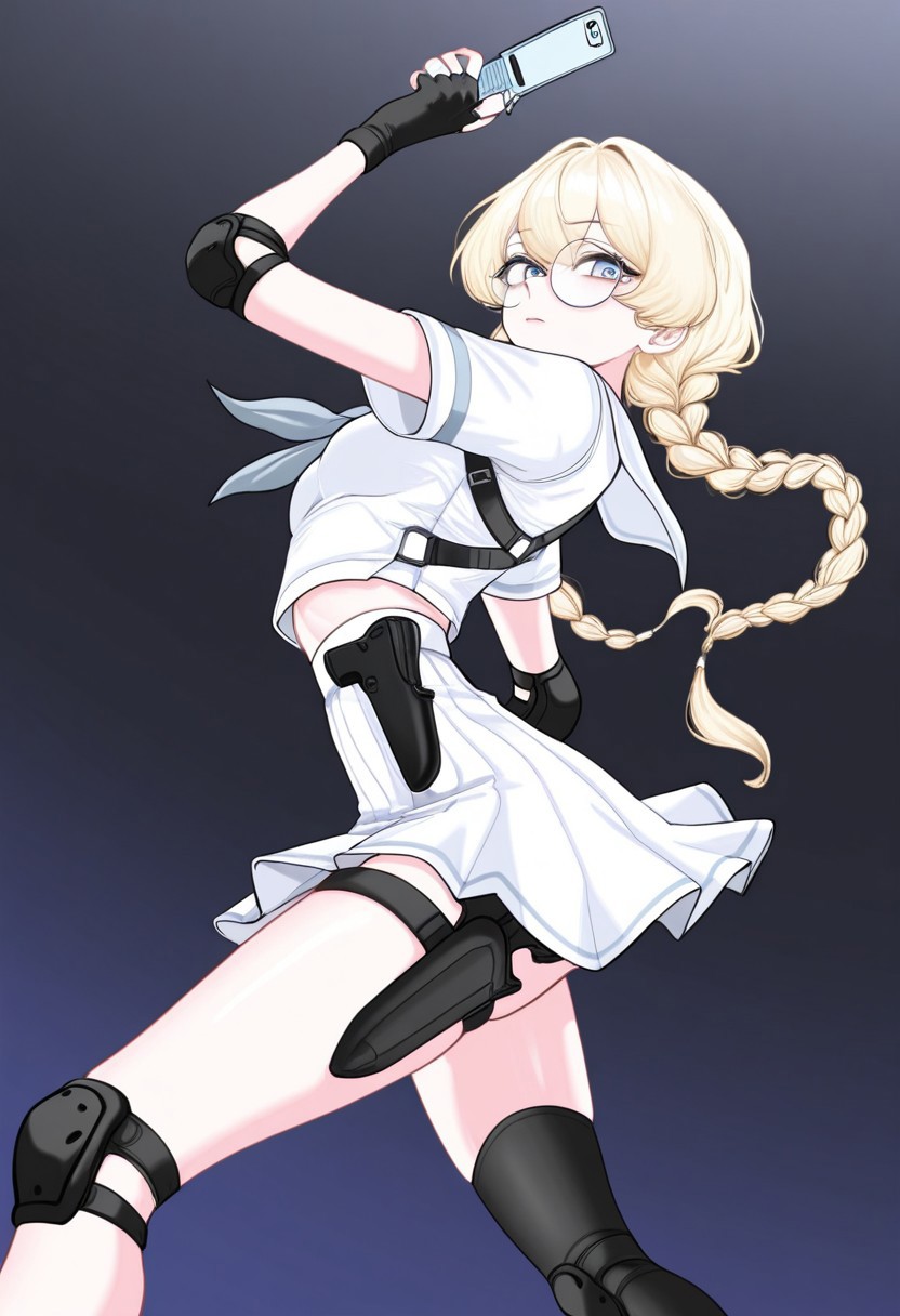 duckgu, high quality, solo, 1girl, skinny, androgynous, looking at viewer, round eyewear, blond hair, long twintail braids, white school uniform, skirt, knee and elbow pads, fingerless gloves, holding flip phone, holstered rifle to the side, medium breast, mid movement, dynamic pose, absurdres