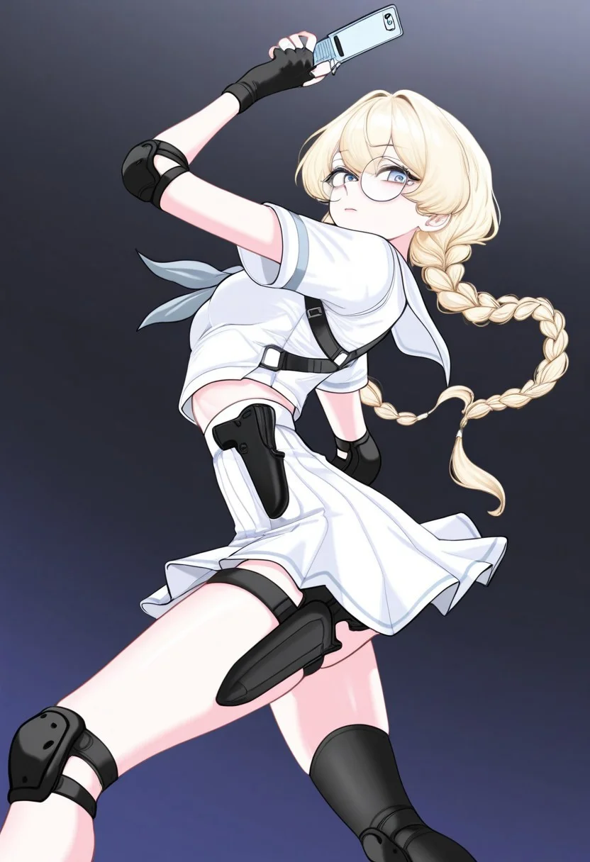 duckgu, high quality, solo, 1girl, skinny, androgynous, looking at viewer, round eyewear, blond hair, long twintail braids, white school uniform, skirt, knee and elbow pads, fingerless gloves, holding flip phone, holstered rifle to the side, medium breast, mid movement, dynamic pose, absurdres