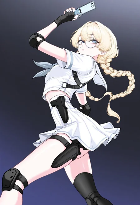 duckgu, high quality, solo, 1girl, skinny, androgynous, looking at viewer, round eyewear, blond hair, long twintail braids, white school uniform, skirt, knee and elbow pads, fingerless gloves, holding flip phone, holstered rifle to the side, medium breast, mid movement, dynamic pose, absurdres