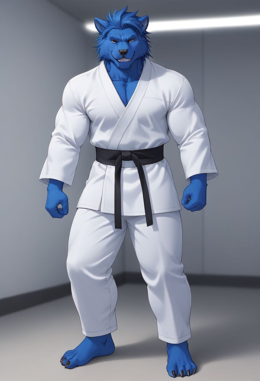 (((Barefoot furry character, full body, cinematic setting, furry male, plantigrade))) 
(((Beast from X-Man))), muscular, beefy, brawny, (((wears white kimono and lonh white pants))), (((performs karate kick))), blue fur on entire body
BREAK, detailed background, 8K, (masterpiece:1.5), intricate details, highly detailed, extreme detail, octane render, fine art, best quality, highres, (detailed face:1.5), ((full_body)), UHD, (((perfect hands))), low light