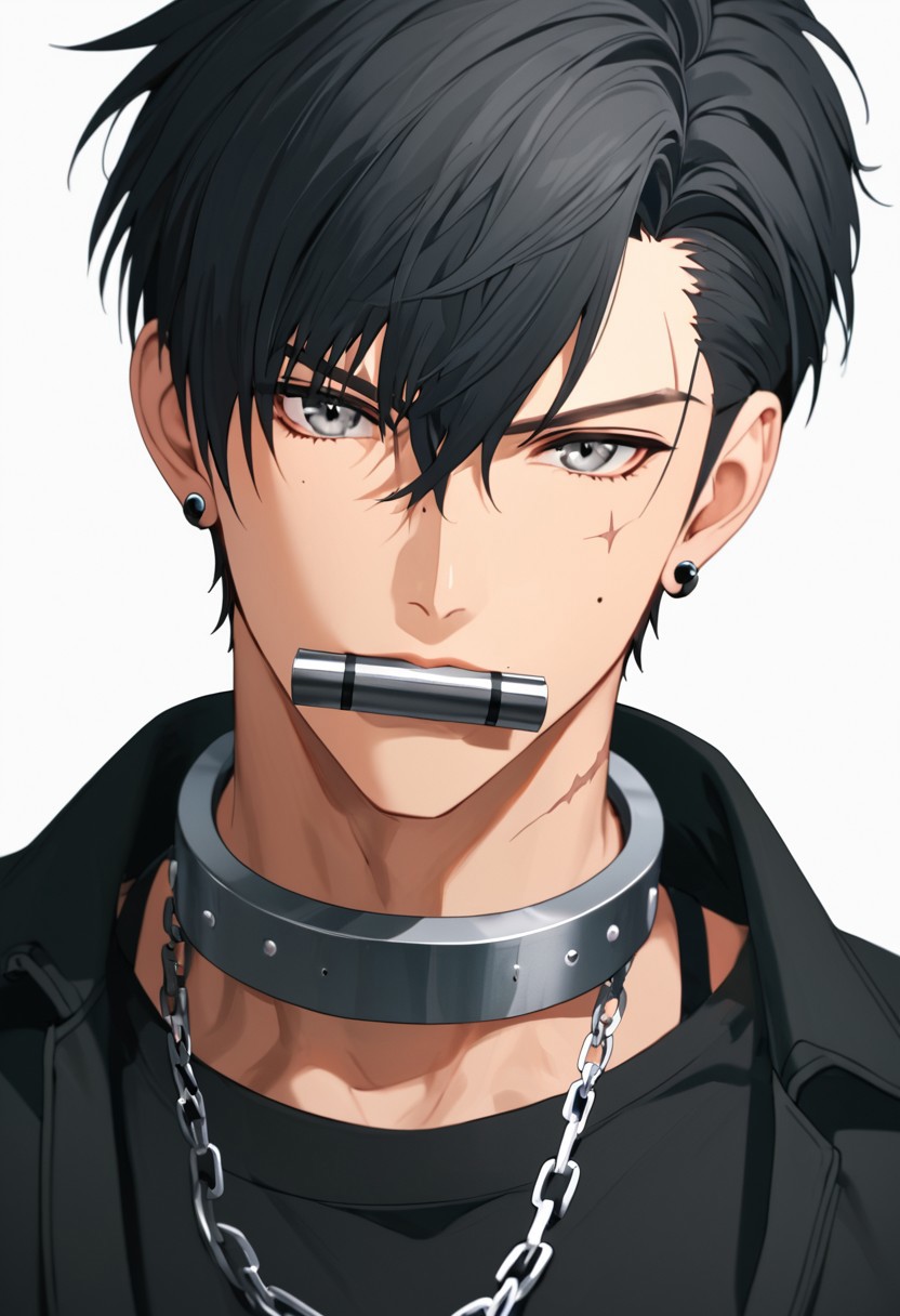 samdoesarts, anninosj, letsfinalanswer, hamukukka, elliemaplefox, sei5osuzuki, BM94199, yaoyao794, score_9, score_8_up, score_7_up, i want the whole image to be created in 3D anime style, solo, looking at viewer, short hair, bangs, simple background, black hair, 1boy, white background, hair between eyes, jewelry, male focus, earrings, mole, collar, grey eyes, black shirt, mole under eye, chain, scar, mouth hold, portrait, scar on face, close-up, metal collar
