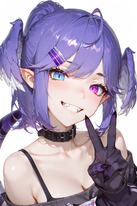 masterpiece,best quality,selen tatsuki, 1girl, virtual youtuber, purple hair, heterochromia, head wings, smile, solo, blue eyes, purple eyes, wings, pointy ears, collarbone, tail, looking at viewer, collar, portrait, white background, hair ornament, hairclip, head tilt, ponytail, black collar, ahoge, blush, black camisole, dragon girl, dragon tail, grin, hair behind ear, v, camisole, off shoulder, medium hair, sweater, fangs, teeth,<lora:bms07sty:0.7>,bms07sty,<lora:Artstyle__Naxius_Noxy:0.3>,