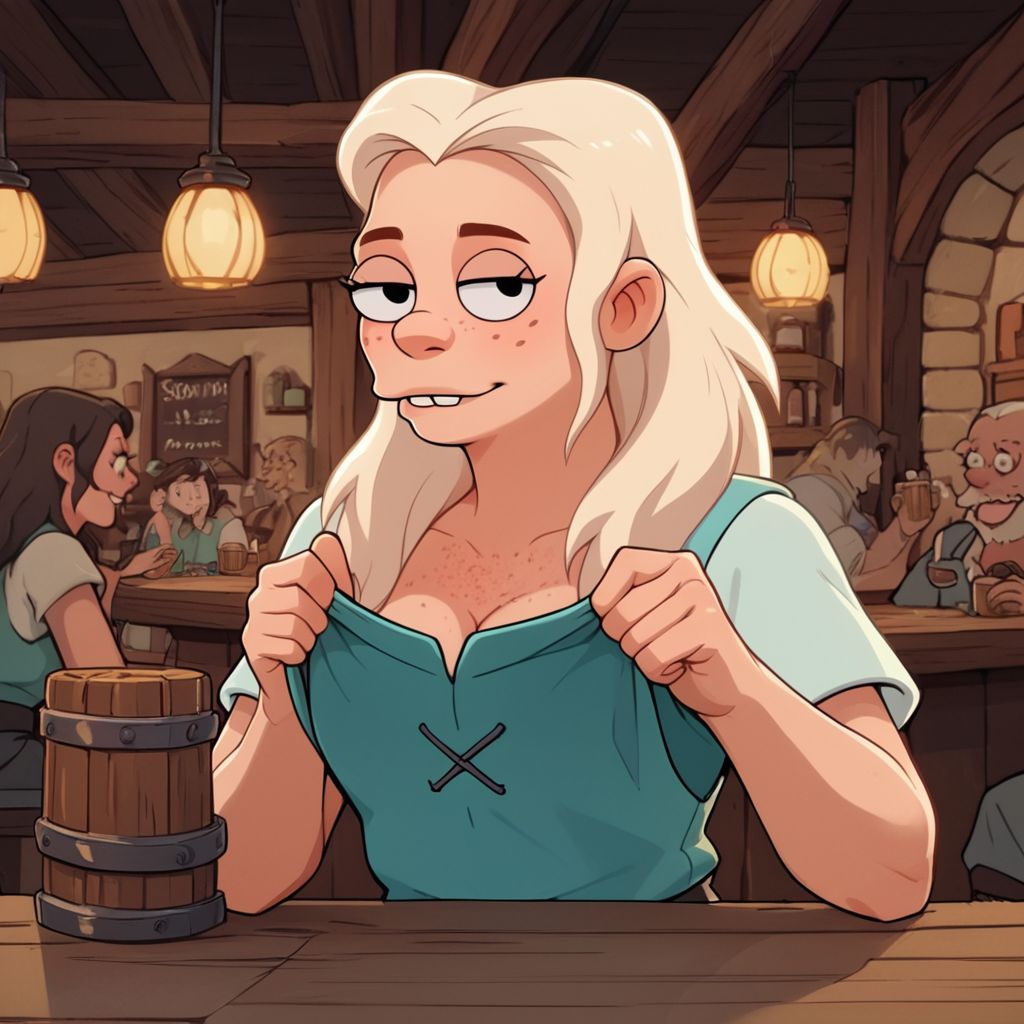 score_9, score_8_up, score_7_up, score_6_up, score_5_up, score_4_up, 1girl, Tiabeanie, in a tavern, freckles, freckled chest, flashing breasts, SkinHairDetail, fFaceDetail, OverallDetail