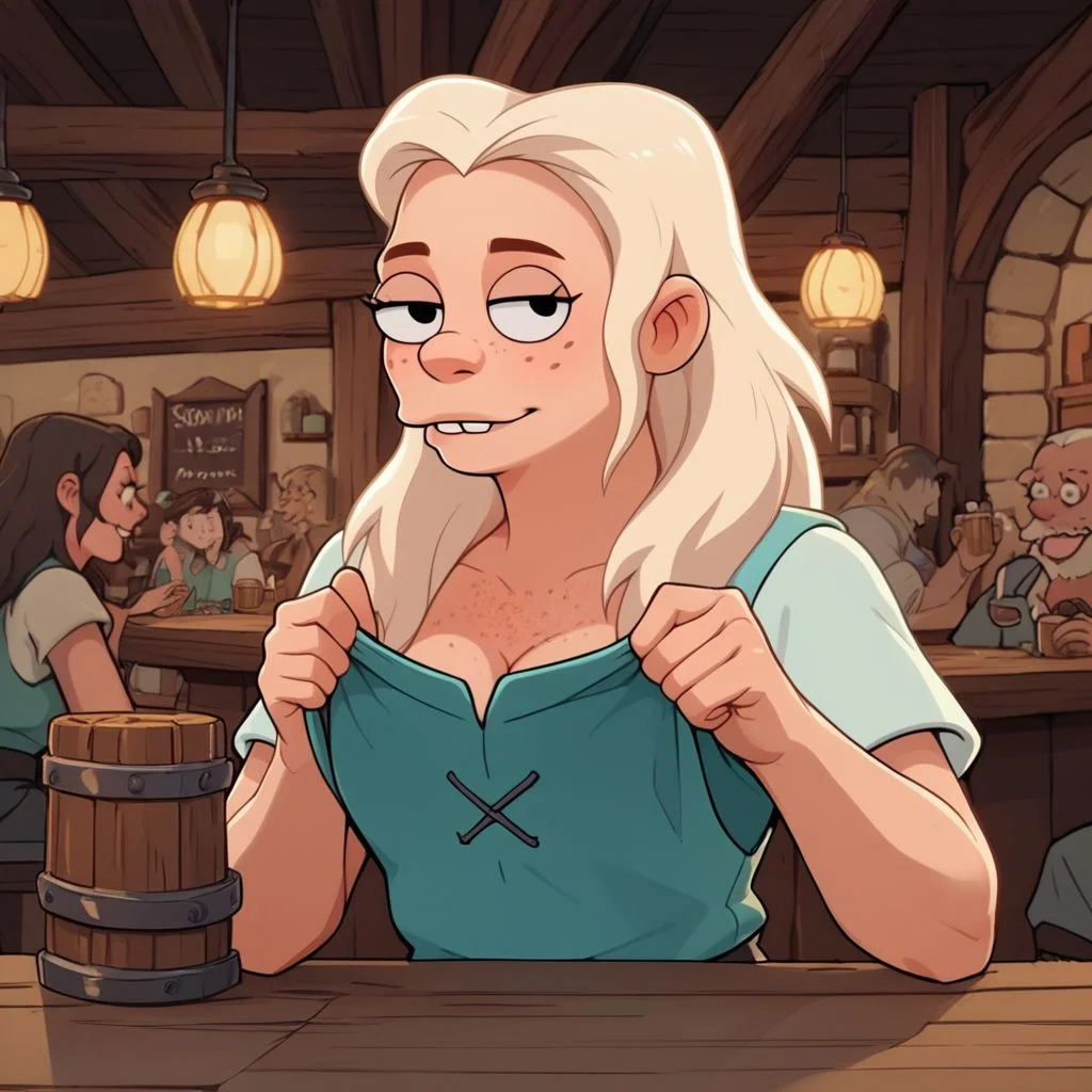 score_9, score_8_up, score_7_up, score_6_up, score_5_up, score_4_up, 1girl, Tiabeanie, in a tavern, freckles, freckled chest, flashing breasts, SkinHairDetail, fFaceDetail, OverallDetail