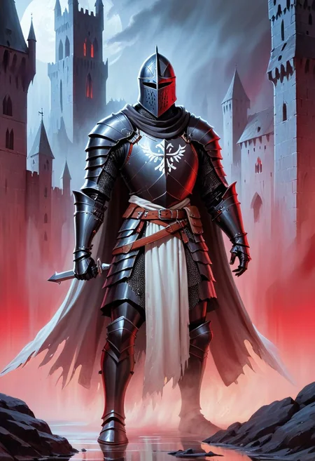 black armor, black knight, score_10, score_9, score_9_up, score_8_up, score_7_up, masterpiece, best quality, duo focus, multiple_boys, 2boys,, two figures, 1980s Fantasy Style, knight, gothic, full plate armor, armor, black, cloak, hood, sword, heavy armor, shield, ghost, reflection, spirit, translucent, red mist, paladin, fighter, rogue, vivid color, castle,