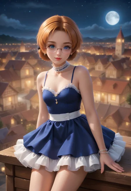 score_9, score_8_up, score_7_up, masterpiece, illustration, the best quality, ((solo)), 1girl, beautiful tender 18 years, lipstic, eyewear, small chest, small ass,
Sexy pose, seductive smile,
orange pekoe (girls und panzer), 1girl, braid, short hair, orange hair, blue eyes, parted bangs, twin braids, hair bow, glasses,
Luxurious, beautiful, luxurious gothic dress, dark blue dress (lace, white frills white belt), luxurious jewels, white lace choker, bracelet
Night, stars, only one Moon,
on rooftop, on top of medieval town, night time,
dynamic angle, cowboy shot, dynamic pose, cute, realistic, wide shot, view legs