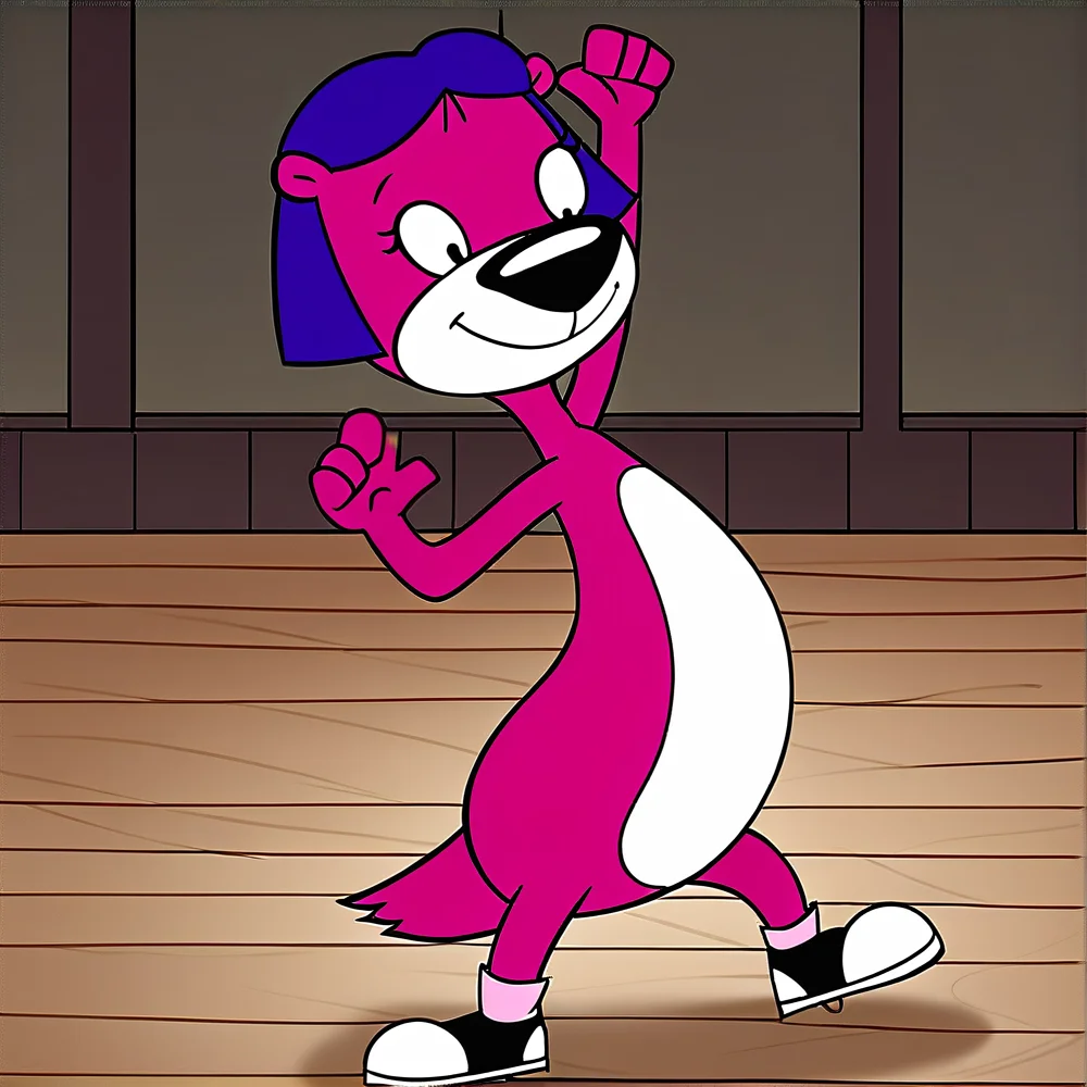 hi res, best quality , (solo), female, (source_cartoon), Score_9, score_8, score_7, ultra detailed, (masterpiece), best anatomy, small body, young, petite, short, <lora:J3lly_Otter:1>, j3lly_otter, animal ears, animal nose, purple hair, short hair, two-tone fur, otter, furry, black eyes,standing, smile, tail, shoes, smile, indoors, dancing
